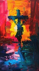Christ carrying the cross, a path marked by vibrant acrylic shades of sacrifice