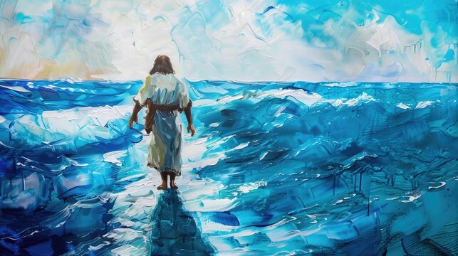 Acrylic painting of Jesus walking on water, serene and powerful
