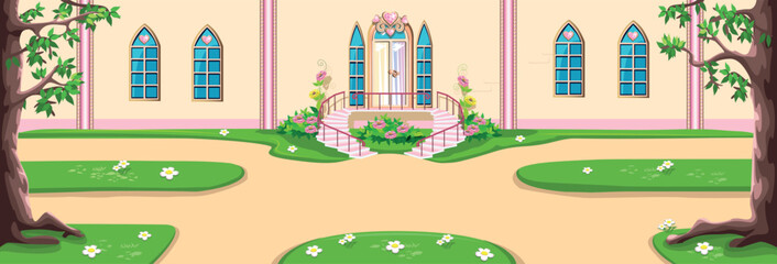 The door to the beautiful pink castle of the beautiful princess is decorated with heart-shaped jewels, windows and beautiful flower beds. Vector illustration of fairy tale architecture close-up - 774003300