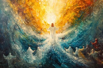 Followers find Jesus in a blaze of divine light, a moment frozen in acrylic brilliance - obrazy, fototapety, plakaty
