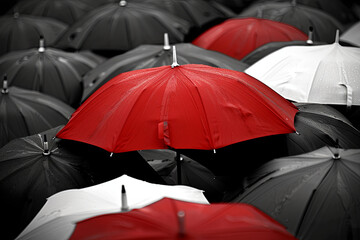 A single red umbrella standing out in a sea of black and white umbrellas, symbolizing leadership, uniqueness, and the concept of being different in a business or social context