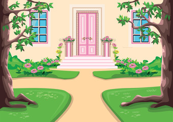 The door to the beautiful pink castle of the beautiful princess is decorated with heart-shaped jewels, windows and beautiful flower beds. Vector illustration of fairy tale architecture close-up - 774003315
