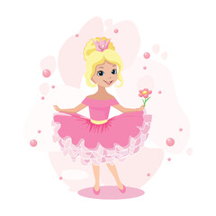 A beautiful princess in a pink dress and a crown decorated with a heart-shaped jewel. Vector illustration of a fairy tale princess on a pink abstract background. - 774003316