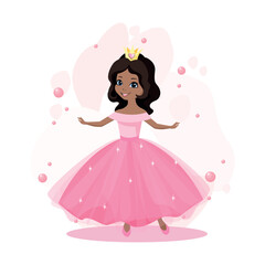 A beautiful princess in a pink dress and a crown decorated with a heart-shaped jewel. Vector illustration of a fairy tale princess on a pink abstract background. - 774003320