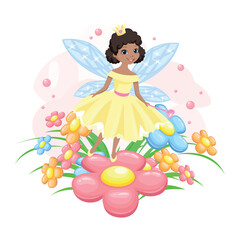 A beautiful princess wearing a crown decorated with a heart-shaped jewel among flowers. Vector illustration of a fairy tale princess on a floral background. - 774003323