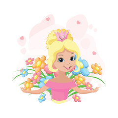 A beautiful princess wearing a crown decorated with a heart-shaped jewel among flowers. Vector illustration of a fairy tale princess on a floral background. - 774003335