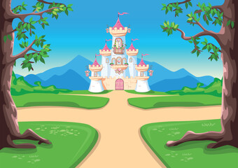 Road to a beautiful pink castle of a beautiful princess with a balcony and heart-shaped jewels, towers, windows and gates. Vector illustration of fairy-tale architecture against the backdrop - 774003340