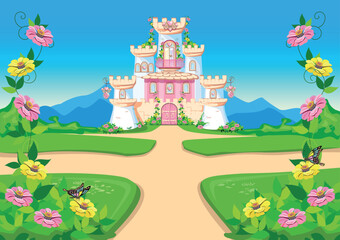 Road to a beautiful pink castle of a beautiful princess with a balcony and heart-shaped jewels, towers, windows and gates. Vector illustration of fairy-tale architecture against the backdrop - 774003346