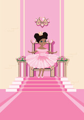 A beautiful princess in a pink dress sits on a throne decorated with pink heart-shaped gems. Interior of the princess's castle. Vector illustration of a fairytale throne room interior.
