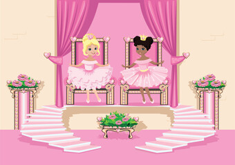 Two beautiful princess in a pink dress sits on a throne decorated with pink precious stones in the shape of a heart. Interior of the princess's castle. Vector illustration of a fairytale throne room - 774003363