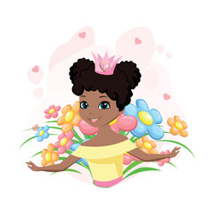 A beautiful princess wearing a crown decorated with a heart-shaped jewel among flowers. Vector illustration of a fairy tale princess on a floral background. - 774003364