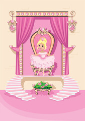 A beautiful princess in a pink dress sits on a throne decorated with pink heart-shaped gems. Interior of the princess's castle. Vector illustration of a fairytale throne room interior. - 774003369