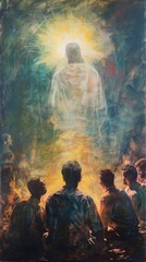 Followers kneeling as Jesus appears in a halo of light, depicted with acrylic depth