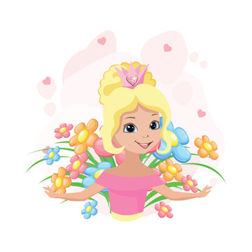 A beautiful princess wearing a crown decorated with a heart-shaped jewel among flowers. Vector illustration of a fairy tale princess on a floral background.