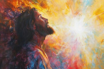 Jesus appears in shimmering light, a scene of awe, lovingly rendered in acrylics