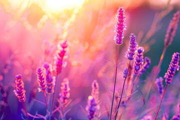 A field of purple flowers with a pink sun in the background
