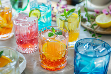 Vibrant Summer Refreshments: Colorful Iced Drinks with Citrus and Mint