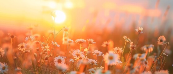 Blooming daisies in a mountain landscape at sunset
