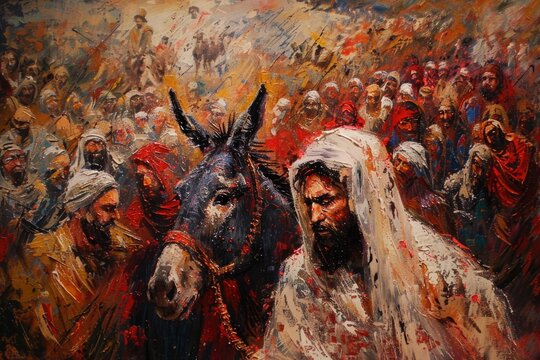 Jesus and the donkey amidst a sea of people, acrylic strokes highlighting the warm reception