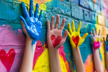 Colorful Painted Hands with Hearts on Bright Mural Wall