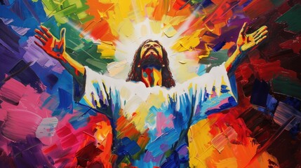 Jesus Christ surrounded by light, hands raised in blessing, vibrant acrylic colors - obrazy, fototapety, plakaty
