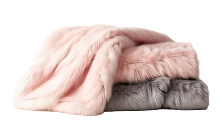 A soft pink and grey blanket gently resting on a pristine white background