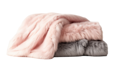 A soft pink and grey blanket gently resting on a pristine white background