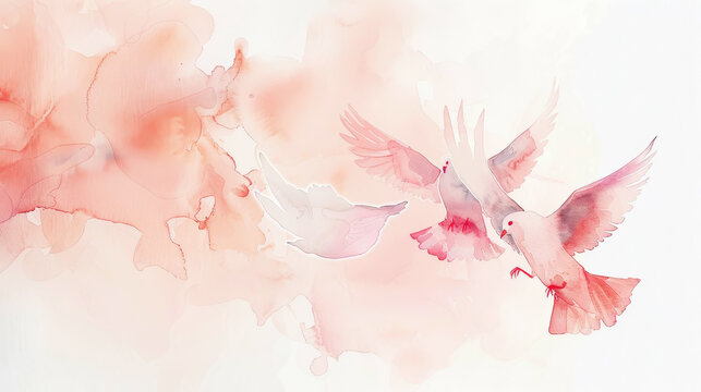 Hand painted watercolor card with two doves on aesthetic background. Pastel light colors. Peace concept. Generative AI