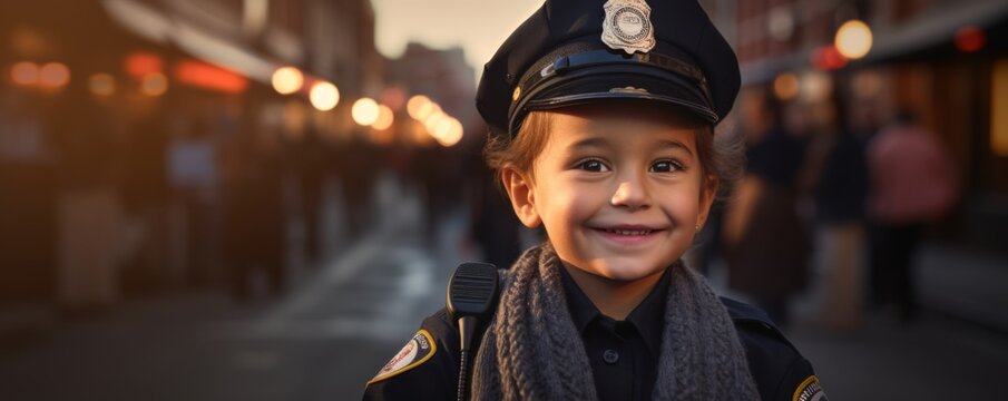 Portrait of pretty young kid european policewoman in the street smiling, banner. Generative AI.