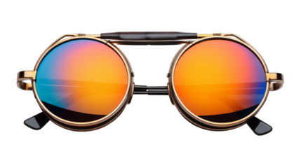A stylish pair of sunglasses with a sleek metal frame, reflecting the world around them