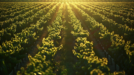 A sprawling vineyard bathed in the warm glow of the summer sun, its neat rows of grapevines...