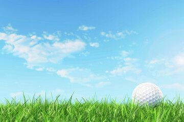 Golf Ball on Green Grass Under Sunny Blue Sky