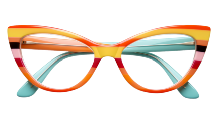 A vibrant pair of glasses with colorful frames resting on a white background