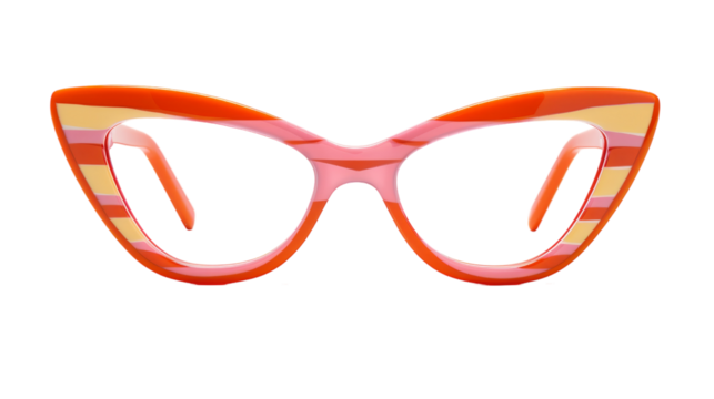 A pair of pink and orange glasses resting on a white background