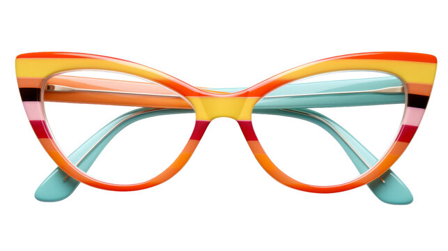 A vibrant pair of glasses with colorful frames resting on a white background