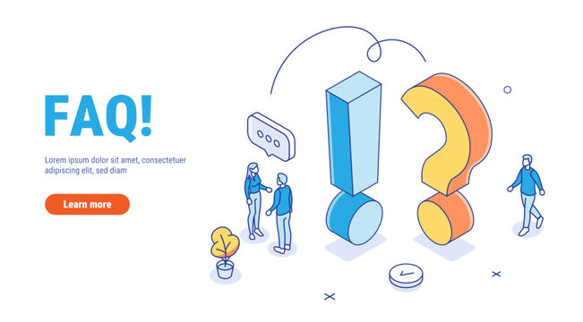 FAQ vector isometric concept. People characters standing near exclamations and question marks. Woman and man ask questions and receive answers. Online support center. frequently asked questions.