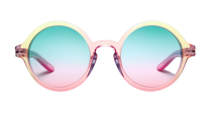 A pair of pink and blue sunglasses resting peacefully on a pristine white background