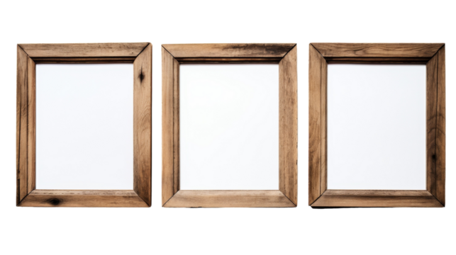 Three wooden frames rest against a bright white backdrop