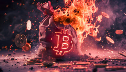 Bag of Bitcoin crypto coins burning. BTC cryptocurrency halving. Reward for Bitcoin mining is cut in half or removing tokens from market concept - obrazy, fototapety, plakaty