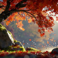 Chatty maple in a conversational breeze, bright colors, clean background, Realistic HD characters, maple leaves whispering
