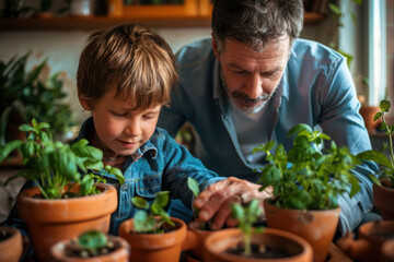 Father with a boy planting herbs at home