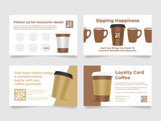 Coffee shop loyalty card bonus program design template set vector illustration