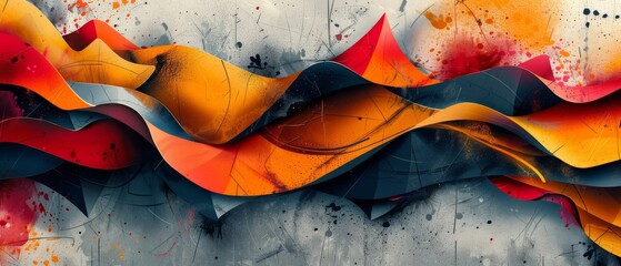Vivid abstract waves overlaid with a grunge texture, blending sharp angles and splattered paint details. - obrazy, fototapety, plakaty