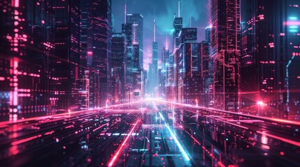 A city where skyscrapers are giant robots, towering over streets of glowing code