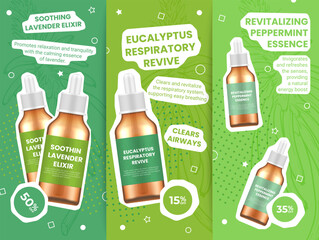 Essential oil sale discount collage poster flyer design template set vector illustration - obrazy, fototapety, plakaty