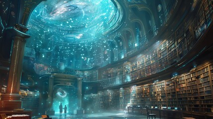 A cosmic library where books are holographic projections powered by cosmic tech