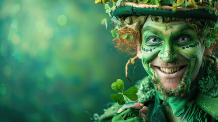 A person in elaborate green leprechaun costume with face paint holding a clover - obrazy, fototapety, plakaty