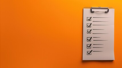 A clipboard with a checklist on bright orange background, portraying organization and task management