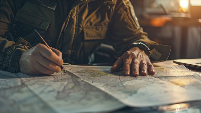 A person in a military jacket is plotting route on paper map with pencil