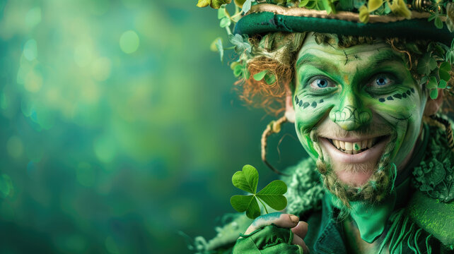 A person in elaborate green leprechaun costume with face paint holding a clover